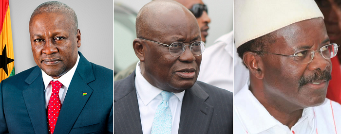 (From left) President John Dramani Mahama — NDC, Nana Addo Dankwa Akufo-Addo — NPP and Dr Papa Kwesi Nduom — PPP
